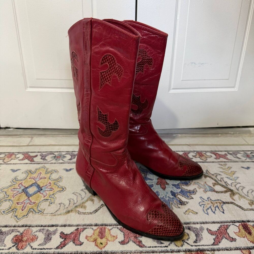 Vintage 90s Cin Cin Red Leather Cowboy Boots Women’s 6M Western Reptile Inlay